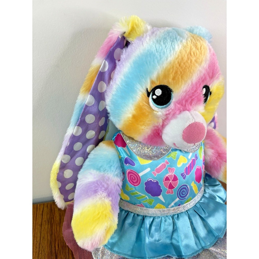 Build A Bear Rainbow Bunny Rabbit Pastel Polka Dot 2018 w/ Candy Tulle Dress - Picture 3 of 14